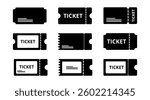 Ticket vector icon set, Convert, Movie and Festival ticket symbol, Isolated Black Clip art, Entertainment graphic elements for Decoration in Modern minimal style, Business and Web banner (Editable)