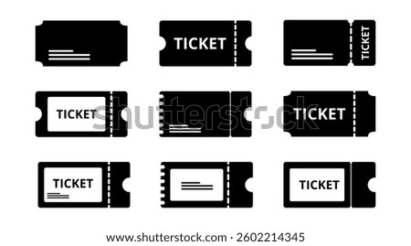 Ticket vector icon set, Convert, Movie and Festival ticket symbol, Isolated Black Clip art, Entertainment graphic elements for Decoration in Modern minimal style, Business and Web banner (Editable)