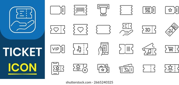 Ticket vector icon set. Ticket linear icon collection. Tickets for cinema, movie, circus, carnival, film, festival, theater and more. Vector illustration.