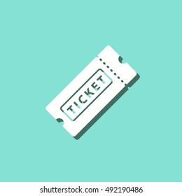 Ticket vector icon with shadow. White illustration isolated on green background for graphic and web design.