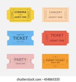 Ticket vector icons isolated from the background in flat style. Ticket stubs to events such as movie, concert and party. 