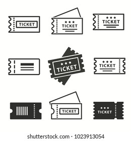 Ticket vector icons set. Black illustration isolated for graphic and web design.