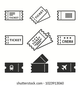 Ticket vector icons set. Black illustration isolated for graphic and web design.