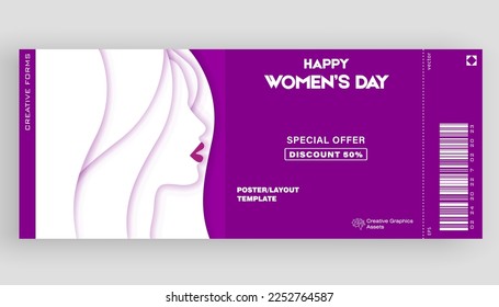 Ticket vector template layout 8 March International Women's Day Illustration Concept.Girl Face. 8 march vector illustration. Great for  poster, cover, art, tickets, prints, etc. Place for text