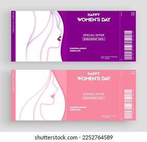 Ticket vector template layout 8 March International Women's Day Illustration Concept.Girl Face. 8 march vector illustration. Great for  poster, cover, art, tickets, prints, etc. Place for text