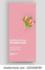 Ticket vector template layout 8 March. International Women's Day Illustration Concept. Great for poster, cover, art, tickets, prints, etc. Place for text
