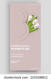 Ticket vector template layout 8 March. International Women's Day Illustration Concept. Great for poster, cover, art, tickets, prints, etc. Place for text