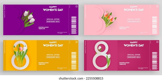 Ticket vector template layout 8 March. International Women's Day Illustration Concept. Great for poster, cover, art, tickets, prints, etc. Place for text