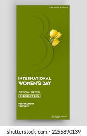 Ticket vector template layout 8 March. International Women's Day Illustration Concept. Great for poster, cover, art, tickets, prints, etc. Place for text