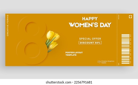 Ticket vector template layout 8 March. International Women's Day Illustration Concept. Great for poster, cover, art, tickets, prints, etc. Place for text