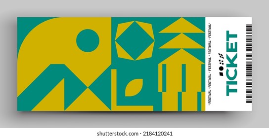 Ticket vector template layout with abstract pattern design graphics made with simple shapes and forms.  Useful for creating invitations, banners, posters, flyers, prints, labels, tickets.