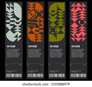 Ticket vector template layout with abstract Bauhaus geometric pattern, vector circle, triangle, and square lines color art design.  Useful for banners, posters, flyers, prints, labels, tickets.
