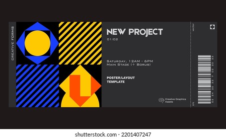 Ticket vector template layout with abstract  vector geometric shapes. Brutalism inspired graphics. Great for branding presentation, poster, cover, art, tickets, prints, etc.