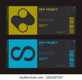 Ticket vector template layout with abstract  vector geometric shapes. Brutalism inspired graphics. Great for branding presentation, poster, cover, art, tickets, prints, etc.