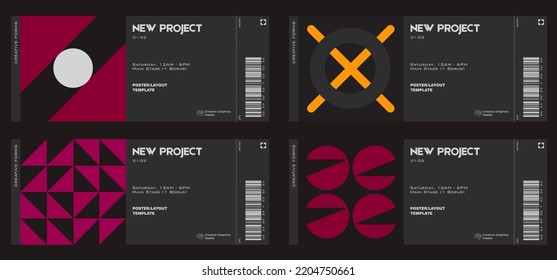 Ticket vector template layout with abstract  vector geometric shapes. Brutalism inspired graphics. Great for branding presentation, poster, cover, art, tickets, prints, etc.