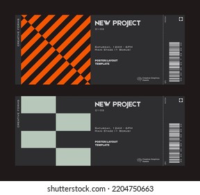 Ticket vector template layout with abstract  vector geometric shapes. Brutalism inspired graphics. Great for branding presentation, poster, cover, art, tickets, prints, etc.