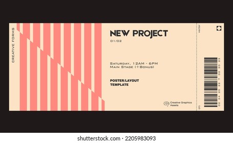 Ticket vector template layout with abstract  vector geometric shapes. Brutalism inspired graphics. Great for branding presentation, poster, cover, art, tickets, prints, etc.