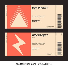Ticket vector template layout with abstract  vector geometric shapes. Brutalism inspired graphics. Great for branding presentation, poster, cover, art, tickets, prints, etc.
