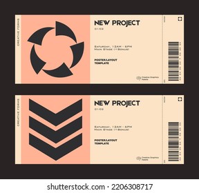 Ticket vector template layout with abstract  vector geometric shapes. Brutalism inspired graphics. Great for branding presentation, poster, cover, art, tickets, prints, etc.