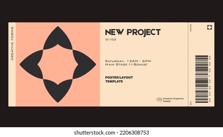Ticket vector template layout with abstract  vector geometric shapes. Brutalism inspired graphics. Great for branding presentation, poster, cover, art, tickets, prints, etc.