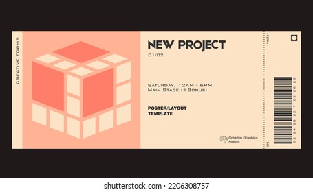 Ticket vector template layout with abstract  vector geometric shapes. Brutalism inspired graphics. Great for branding presentation, poster, cover, art, tickets, prints, etc.