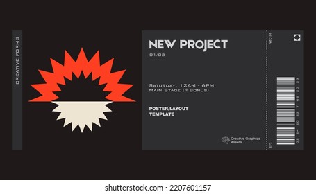 Ticket vector template layout with abstract  vector geometric shapes. Brutalism inspired graphics. Great for branding presentation, poster, cover, art, tickets, prints, etc.