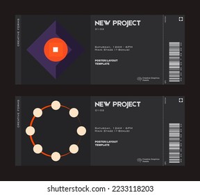 Ticket vector template layout with abstract  vector geometric shapes. Brutalism inspired graphics. Great for branding presentation, poster, cover, art, tickets, prints, etc.