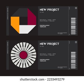 Ticket vector template layout with abstract  vector geometric shapes. Brutalism inspired graphics. Great for branding presentation, poster, cover, art, tickets, prints, etc.