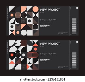 Ticket vector template layout with abstract  vector geometric shapes.Bauhaus background design.