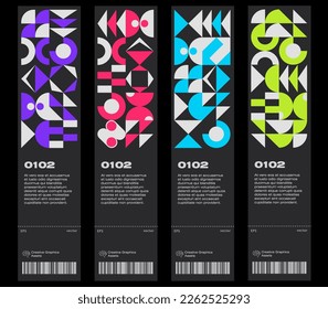 Ticket vector template layout with abstract Bauhaus geometric pattern, vector circle, triangle, and square lines color art design.  Useful for banners, posters, flyers, prints, labels, tickets.