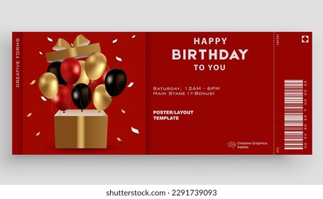 Ticket vector template layout Happy Birthday. Festive illustration with gift box, black, gold and red balloons, confetti. Great for poster, cover, art, tickets, prints, etc. Place for text