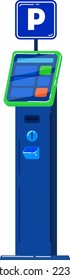 Ticket vending machine for car-park, cars in city, parking city transport, cartoon style vector illustration, isolated on white.