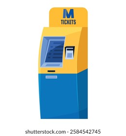 Ticket vending machine commercial service payment device isometric vector illustration. Yellow blue electronic technology equipment for customer buying pass automatic identification coupon receipt