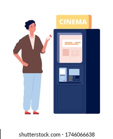 Máquina de venta de entradas. Hombre compra tarjeta, tiempo de cine. Ilustración vectorial de visitante de cine plano