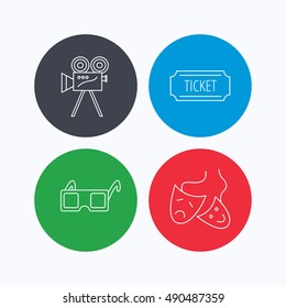 Ticket, video camera and theater masks icons.