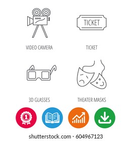 Ticket, video camera and theater masks icons. 3d glasses linear sign. Award medal, growth chart and opened book web icons. Download arrow. Vector
