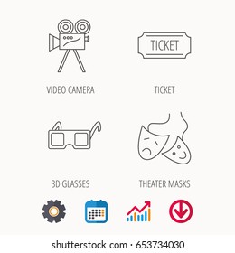 Ticket, video camera and theater masks icons. 3d glasses linear sign. Calendar, Graph chart and Cogwheel signs. Download colored web icon. Vector