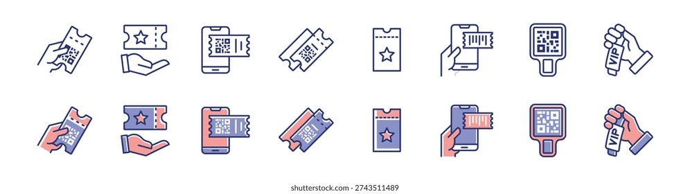 Ticket voucher and entry pass icons line set. Booking coupon for concert, flight, sport, train, cinema, transport, shopping discount voucher vip access signs vector illustration