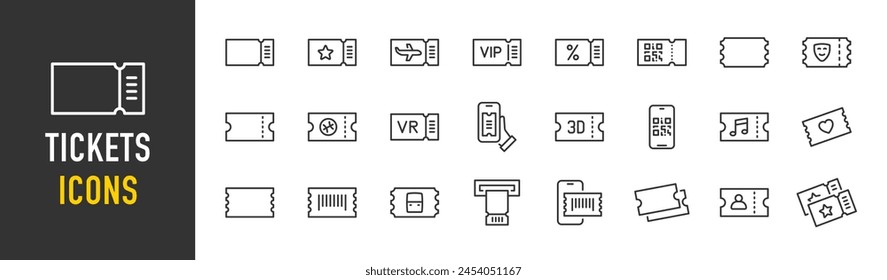 Ticket web icons in line style. Coupon, plane, train, qr code, cinema, music, theater, sport, collection. Vector illustration.