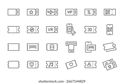Ticket web icons in line style. Coupon, plane, train, qr code, cinema, music, theater, sport, collection. Vector illustration.