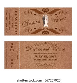 Ticket for Wedding Invitation with bride and groom pastel silhouettes