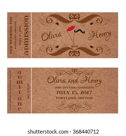 Ticket for Wedding Invitation with mustache and lips on stick