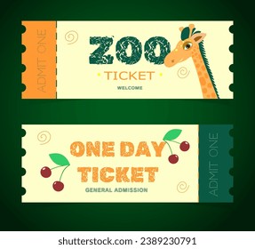 A ticket to the zoo with a simple but colorful design. Double-sided design featuring a cheerful giraffe on the home page. Can be used as flyer, advertisement, invitation