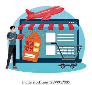 Ticketing application concept. Online Booking platform, showcasing a plane, price tags, and shopping cart. Flat vector modern illustration 