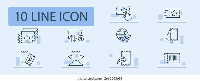 Icono de conjunto de tickets. Esbozos de eventos, código de barras, mano, sobre, selección, Precios, flechas, VIP, pase digital y símbolos globales para la admisión, reserva y logística de entretenimiento