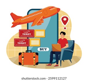 Ticketing software Concept. Man with laptop buying tickets online with special app, professional software and booking service. Flat vector modern illustration 