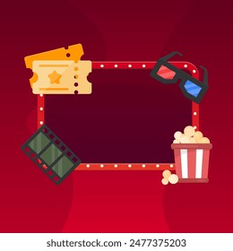 Tickets 3D Glasses Pop Corn Movie Tape  Cinema Background Poster Pop Up Rectangular Dark Red Banner Window Vector Design