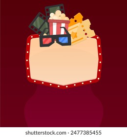 Entradas 3D Gafas Pop Cinta de película de maíz Cine Fondo del Casino Póster Pop Up Antiguas Red Anuncio Ventana Diseño de Vector