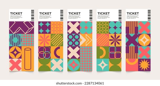 Tickets abstract lauout. Contemporary print of creative invitation flyer with minimalist geometric shapes and bauhaus creative concept. Vector set of contemporary minimal geometrical illustration