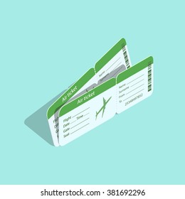 Tickets. Air ticket. Airline boarding pass ticket. Bording pass ticket isometric. Isometric air ticket isolated. Airline boarding pass ticket in isometric style. Vector boarding pass with airplane.